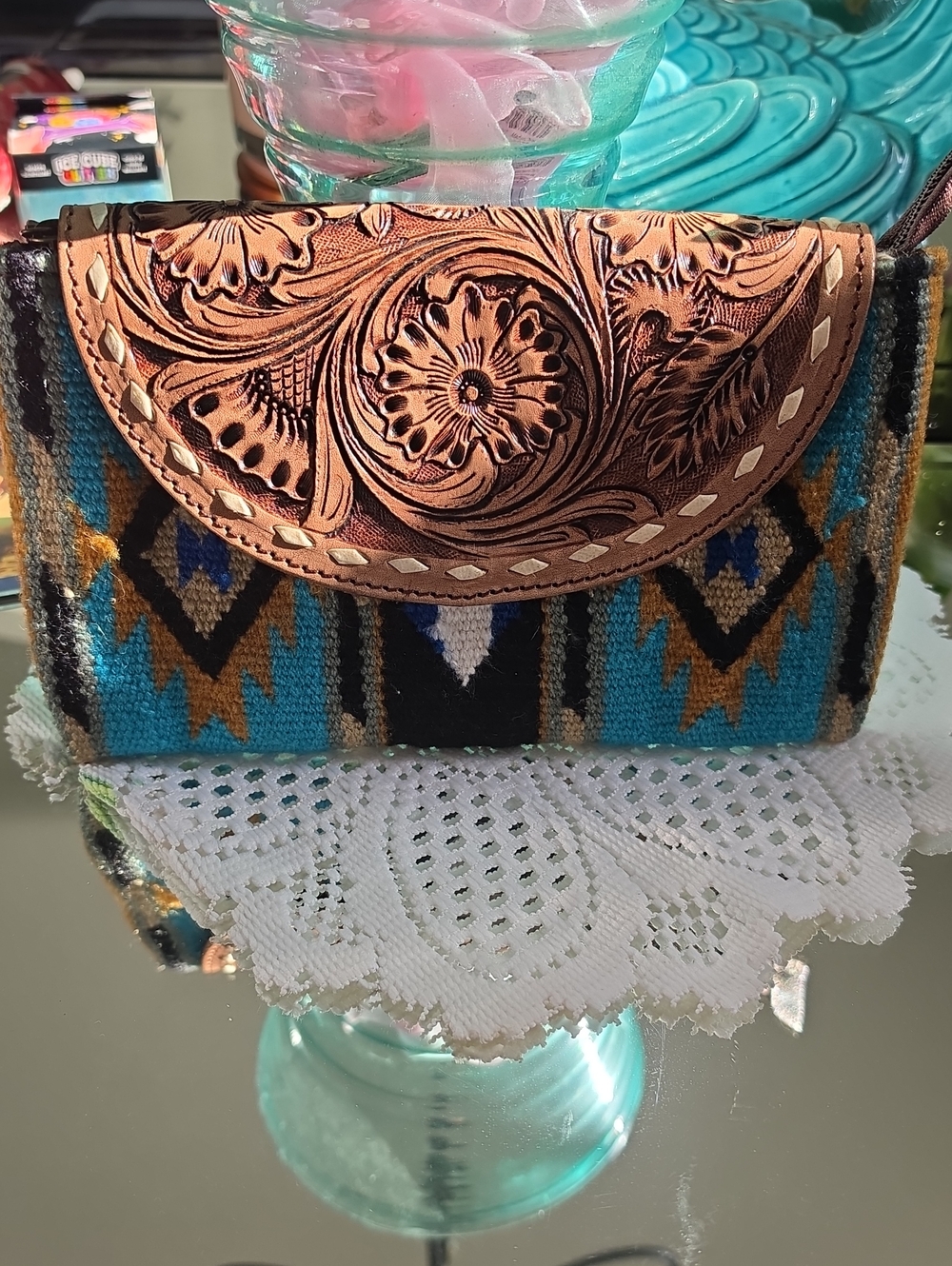 Wrangler Turquoise, Tan & Black Tooled Leather Accent Wallet